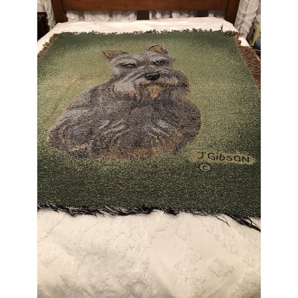 Vintage Judy Gibson Schnauzer Dog Tapestry Throw Blanket Fringe Trim 53” X 44” - Picture 1 of 6